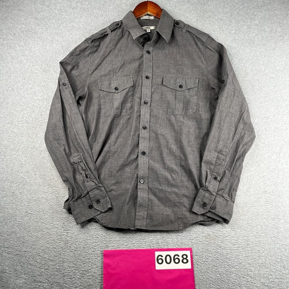 Express Fitted 1MX Shirt Gray Casual Button Up Long Sleeve Mens Medium *SEE